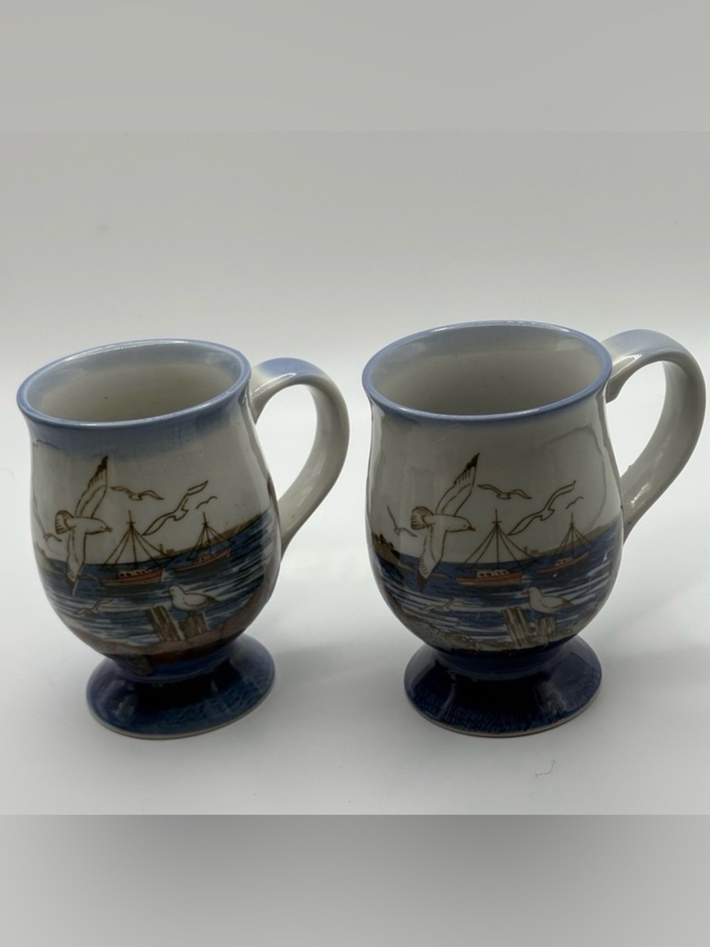 Lot of 2 Vintage Otagiri Blue Grey Nautical Footed Mugs Seagulls Boats